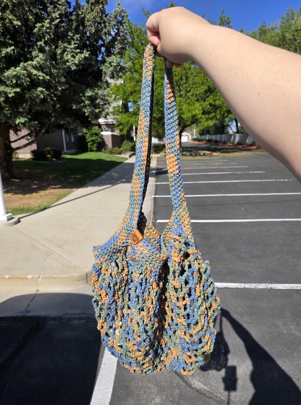 Handmade Crocheted Mesh Market Bag - Blue & Orange